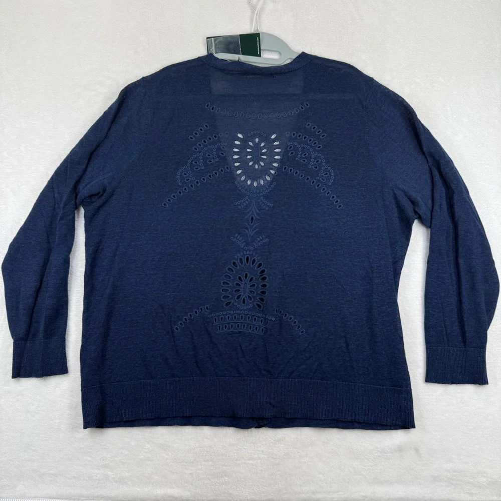 Lauren Ralph Lauren‎ Indigo Blue Linen Blend Eyelet Back Cardigan Sweater 2X NEW